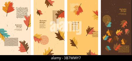 Vektorabbildung. Set trendiger Herbstbanner mit zerkratztem Papiereffekt und gezeichnetem Element im nordischen Stil. Lässt den Hintergrund fallen. Design Stock Vektor