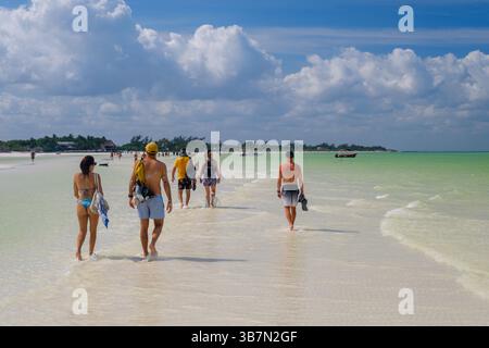Holbox, Mexiko - 10. Februar 2025: Touristen spazieren über die berühmte Sandbank der Isla Holbox, ein einzigartiger Naturpfad, der sich durch das flache Turqu erstreckt Stockfoto