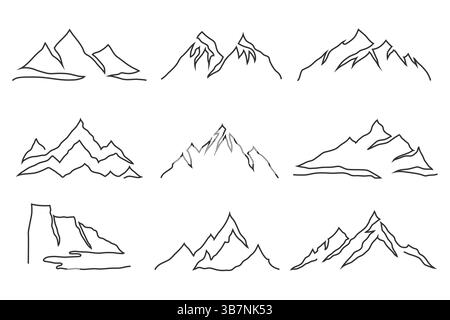 Set aus neun minimalen Bergsilhouetten, gezeichnet in einfachen schwarzen Linien Stock Vektor