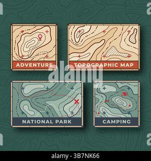 Set mit topografischen Karten für Abenteuer, Camping und Nationalparks. Navigations- und Outdoor-Reisekonzept Stock Vektor