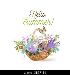 Korb mit Blumen. Hallo Sommer. Handgezeichnet. Nicht AI, Vektorillustration Stock Vektor