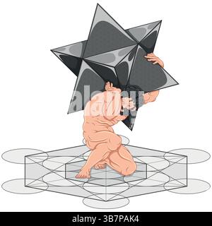 Titan Atlas mit Merkaba-Symbol auf seinen Schultern und mit Metatron, titan der griechischen Mythologie mit heiliger Geometrie Stock Vektor