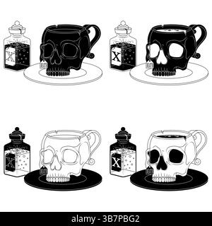 Menschlicher Schädel Geformter Porzellan-Teetasse, Schädel Geformter Kaffeetasse Magischer Trank-Cup, Halloween Dämonic Cup Stock Vektor