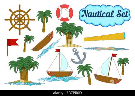 Nautisches Set mit Segelbooten, Booten, Anker, Rettungsring, Schiffsrad, Spyglass, Meereswellen, Kokospalmen und rote Flagge auf weißem Hintergrund. Für den Sommer Stock Vektor