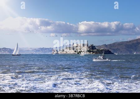 San Francisco Bay vom Pier aus, mit vielen Booten und Yachten. Die Insel Alcatraz ist in der Ferne sichtbar. Stockfoto