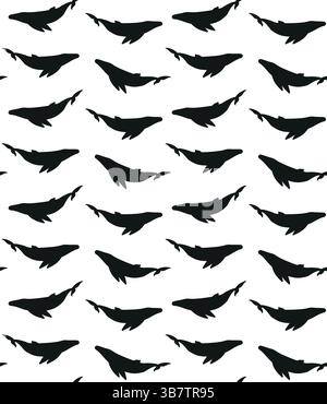 Nahtloses Vektor-Muster der flachen Hand gezeichneten Buckelwal-Silhouette isoliert auf weißem Hintergrund Stock Vektor