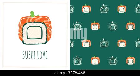 Sushi Roll Philadelphia Cartoon nahtloses Muster. Traditionelles asiatisches japanisches Essen grenzenloser Hintergrund. Sushi Meeresfrüchte endloses Vektor-Design für Papier Druck Stoff Textil Wrapper Hintergrund Vorlage Stock Vektor
