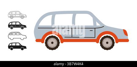 Einfaches graues Auto-Symbol-Zeichentrickset. Handgezeichnetes süßes Auto in verschiedenen Stilen, Farben, Silhouette, Outline Kid Kollektion. Einfache Kinder lustige Auto Transport Icon Vektor Illustration Stock Vektor