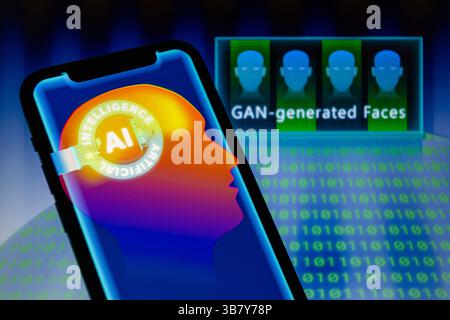 14. Januar 2024, Asuncion, Paraguay: Visuelle Darstellung künstlicher Intelligenz (KI) wird auf einem Smartphone mit Gesichtern, den Worten „GAN-generierte Gesichter“ und binären Code-Ziffern angezeigt. Generative Adversarial Network (GAN) haben zur Generierung realistischer Gesichtsbilder geführt, die in gefälschten Social-Media-Konten verwendet wurden, sowie in Buchautoren, deren Identität nicht verifiziert werden konnte. (Bild: © Andre M. Chang/ZUMA Press Wire) Stockfoto