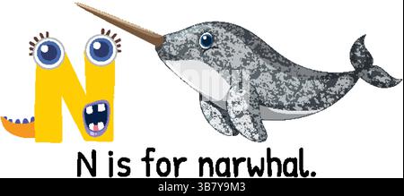 Verspielte Vektor-Illustration des Buchstaben N mit einem Narwal. Leuchtende Farben und der Cartoon-Stil verbessern das Lernen und die Interaktion Stock Vektor