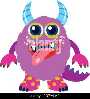 Eine lebendige Vektor-Illustration eines skurrilen Monsters mit großen Augen, blauen Hörnern und einem verspielten Zunge-out-Ausdruck Stock Vektor