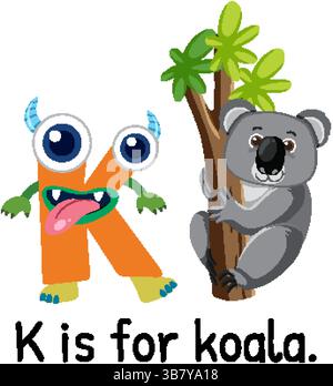 Bunte Vektor-Illustration eines Koalas, der einen Baum neben einem verspielten Buchstaben K umarmt Stock Vektor