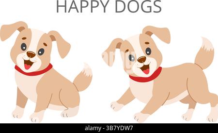 Zwei süße glückliche Zeichentrickhunde mit glücklichen Ausdrücken. Perfekt für Tier-, Tier-, Veterinär- oder verspielte Designs. Stock Vektor