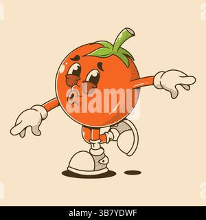 Ein tanzender Tomatencharakter mit fröhlichem Retro-Energiestyle Stock Vektor