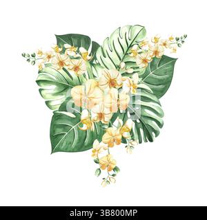 Tropische Blätter und gelbe Orchideenblumen isolierte Illustration für Sommer-Regenwald-Designs. Handgezeichnete grüne Monstera, phalaenopsis Stockfoto