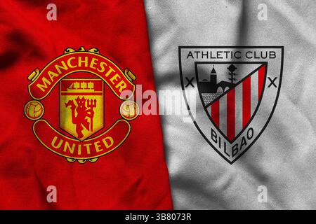 Pringsewu, Lampung; 05. Mai 2025; Textur des Manchester United Football Club-Logos mit Athletic Bilbao-Konzept, Europa League-Fußballklub-Concept Stockfoto