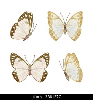Pastell beige braune Schmetterlinge Aquarellillustration Set isoliert auf weiß. Einfache handgezeichnete fliegende Insekten für niedliche monochrome Designs Stockfoto