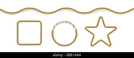 Seilrahmen-Set – Wellenlinien- und Quadrat-, Kreis- und Sternformen aus geflochtenem Seil oder Hanfschnur. Gestrickte Randelemente für Vintage-Dekoration, geometrische Retro-Ornamente, Textilmuster. Stock Vektor