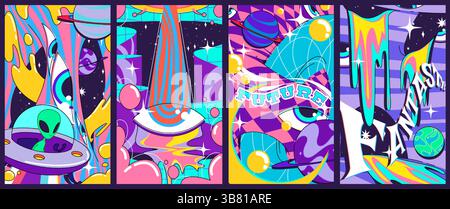 Groovige Poster-Kollektion – psychedelische Alien-UFO-Szenen, Augen, Planeten-Oberflächen. Futuristische Raketenschiffe, Spiralgalaxie-Hintergründe. Lebendige Retro-Banner, trippige Universe Journey Prints. Stock Vektor
