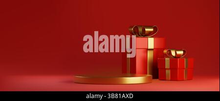 Goldenes Podium mit roten Geschenkboxen auf purpurrotem Hintergrund - 3D-Darstellung einer runden Podestbühne mit Geschenken, die in glänzende Bänder und Schleifen gewickelt sind. Minimalistische Festszene für Produktpräsentation im Urlaub. Stock Vektor