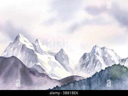 Nahtloses Aquarellbanner mit schneebedeckten Bergen, Nebel, Wald, Himmel und Wolken. Stockfoto
