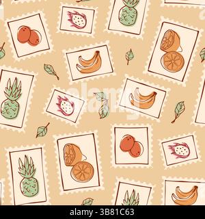 Nahtloses tropisches Reisestempelmuster - sich wiederholende Briefmarken exotischer Früchte auf Hintergrund mit Blättern. Konturzeichnungen von Früchten für hawaiianisches Hemdmuster oder Geschenkpapier. Stock Vektor