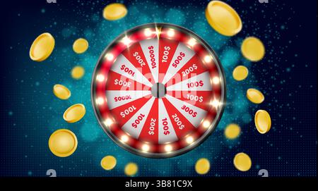 Casino-Raddrehung mit fliegenden Münze - Glücksspielgerät. Rote und weiße Sektoren mit Preisbeträgen, glänzenden Metallrahmen, Gewinnspieldrehscheibe umgeben von schwebenden, glühenden Goldchips oder Geld. Stock Vektor
