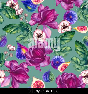 Nahtloses Muster mit Blumenmotiven von Magnolie und Feigen. Handgezeichnetes botanisches Muster für Textil-, Stoff-, Kleidung- und Utensilien-Design. Magnolienmuster. Stockfoto