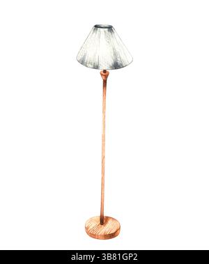 Beleuchtungslampe Möbelstück. Handgemalte Stehlampe in Aquarell. Möbel für Ballettillustrationen Set. Stehleuchte mit Lampenschirm auf Holzbein hoch Stockfoto