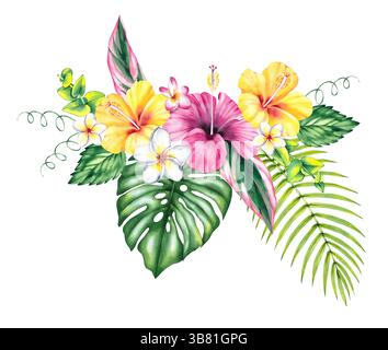Blumenstrauß Aquarellillustration, tropische Blumen Hibiskus, Palmblätter isoliert auf weißem Hintergrund. Tropische, süße Illustrationen im Sommer Stockfoto
