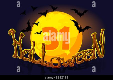 Grußkarte mit gruseligem hölzernem Halloween Wort, das aussieht wie ein gruseliger Baum und 31-Date auf Vollmond. Illustration für Urlaubsprojekte, Basteln Stock Vektor