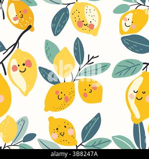 Nahtloses Muster mit niedlichen, lächelnden Zitronen, die an Ästen mit Blättern hängen, ideal für Stoffe, Geschenkpapier, Tapeten und Hintergründe Stock Vektor