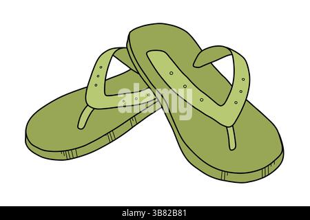 Vektordarstellung grüner Flipflops. Handgezeichnete Sommerschuhe für Strand, Pool oder Freizeitkleidung. Isolierte Zeichentricksandalen auf weiß Stock Vektor