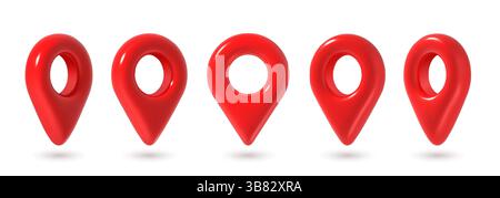 3d-Stifte. Roter Positionsstift auf der Karte an verschiedenen Positionen, GPS-Punkt. Marker für Karten und Navigationszeiger für App platzieren. Zielsymbole glänzend realistisch isolierter Vektorsatz. Stock Vektor