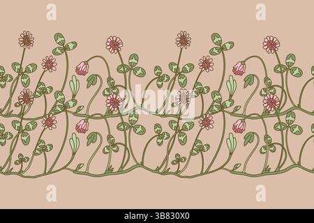 Botanischer nahtloser Blumenrand isoliert auf beigefarbenem Hintergrund. Hand gezeichnete Doodle Kleeblatt Pflanze mit rosa Blumen Stiele grüne Blätter Vektor Illustration Stock Vektor