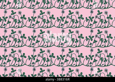 Botanisches florales nahtloses Muster mit Klee Vektor-Illustration. Sich wiederholende Kleeblätter mit Blumenstielen auf rosa Hintergrund. Grafikdesigment Stock Vektor