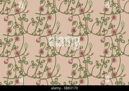 Botanische Blumen nahtlose Muster Vektor Illustration. Sich wiederholende Klee Pflanzen mit Blumen Stielen Blätter in beigem Hintergrund. Grafikdesign für Fashio Stock Vektor