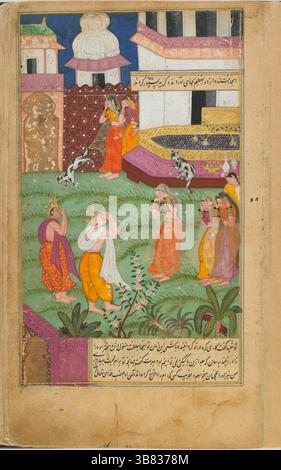 Bharata und Shatrughna, die vom Tod ihres Vaters erfuhren, beeilen sich, Königin Kausalya, die ältere Gemahlin von Dasharatha, zu trösten. In Anwesenheit von Trauerfrauen im Palast führen sie Gesten tiefer Trauer im königlichen Innenhof aus. Zwei junge Mädchen, Gehilfen von Kausalya, beklagen ebenfalls den Tod. Die persischen Inschriften erzählen, wie Bharata Kausalya tröstete, bevor er mit Shatrughna und den Ministern fortfuhr, Dasharathas Begräbnisriten nach Gewohnheit durchzuführen. Die Szene fängt die schwere Trauer ein, die den Palast nach dem Tod des Königs umhüllte Stockfoto