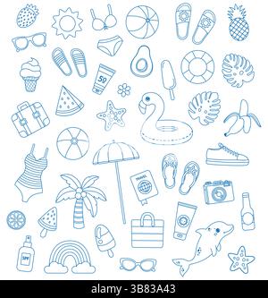 Set handgezeichneter Sommerstrand mit Meer. Reisesymbole. Vektorabbildung Stock Vektor