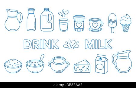 Ein Satz handgezeichneter Bilder von Milch in verschiedenen Paketen. Milchsymbole. Vektorabbildung. Stock Vektor