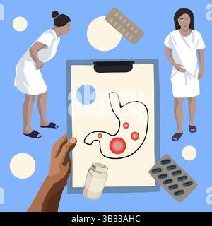 Vektor-isolierte Darstellung der Diagnose von Magenschmerzen. Gas im Magen. Magenerkrankungen. Ulkus. Stock Vektor