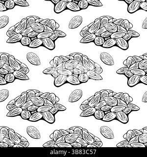 Nahtloser Schwarzweiß-Hintergrund mit handgezeichneten Mandelklötzen, perfekt zum Ausmalen von Seiten und Designs mit Lebensmittelthemen. Stock Vektor