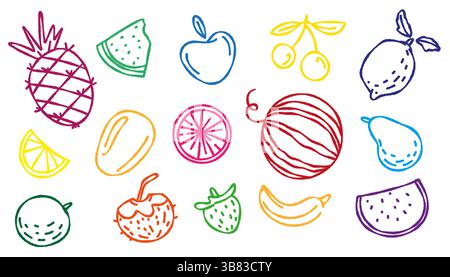 Handgezeichnete exotische Fruchtkritzeleien. Vektor-Set mit Kokos, Zitrone, Drachenfrucht, Melone, Beeren. Süße Sommeraufkleber aus tropischem, vitaminreichem, biologischem Anbau Stock Vektor