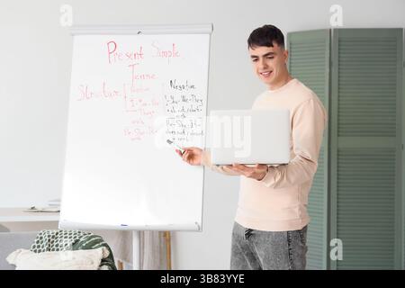 Männlicher Lehrer, der Englischunterricht online führt Stockfoto