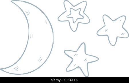 Vektorillustration eines Halbmondes mit Sternen im einfachen Umrissstil. Lineare pastellblaue Zeichnung von Himmelsobjekten für Schlafensgeschichten, Schlaflieder und Babyduscheinladungen. Traumhafte Skizze. Stock Vektor