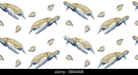 Nahtloser Rand in Meeresaquarell mit großer Schildkröte und Muscheln in monochromen Illustrationen. Hand gezeichneter nautischer Hintergrund, Tiefseetiere Clipart in b Stockfoto
