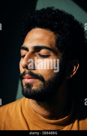 Sonnenlicht scheint auf einen bärtigen Mann mit geschlossenen Augen Stockfoto