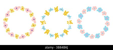 Farbenfrohe gelbe, blaue und rosafarbene Blumenkränze bringen Frühlingsfeste, handgemachte Einladungen, Gartendekor und fröhliche Feierlichkeiten in Szene Stock Vektor