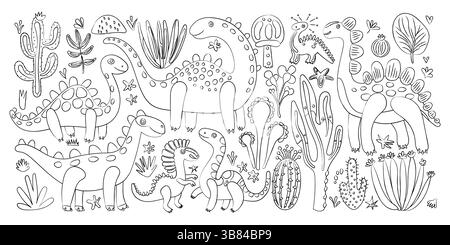 Skurrile Dinosaurier-Illustration mit Pflanzen und Kakteen, perfekt für Kinder prähistorische Themen, verspielte Kunst, lehrreiche Aktivitäten und Farbspaß Stock Vektor