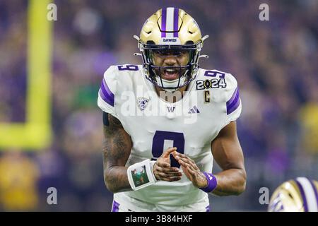 8. Januar 2024: Der Washington Quarterback Michael Penix Jr. (9) leitet die Offensive während der College Football Playoff National Championship-Action zwischen den Washington Huskies und den Michigan Wolverines im NRG Stadium in Houston, Texas. John Mersits/CSM (Credit Image: © John Mersits/CSM via ZUMA Press Wire) Stockfoto